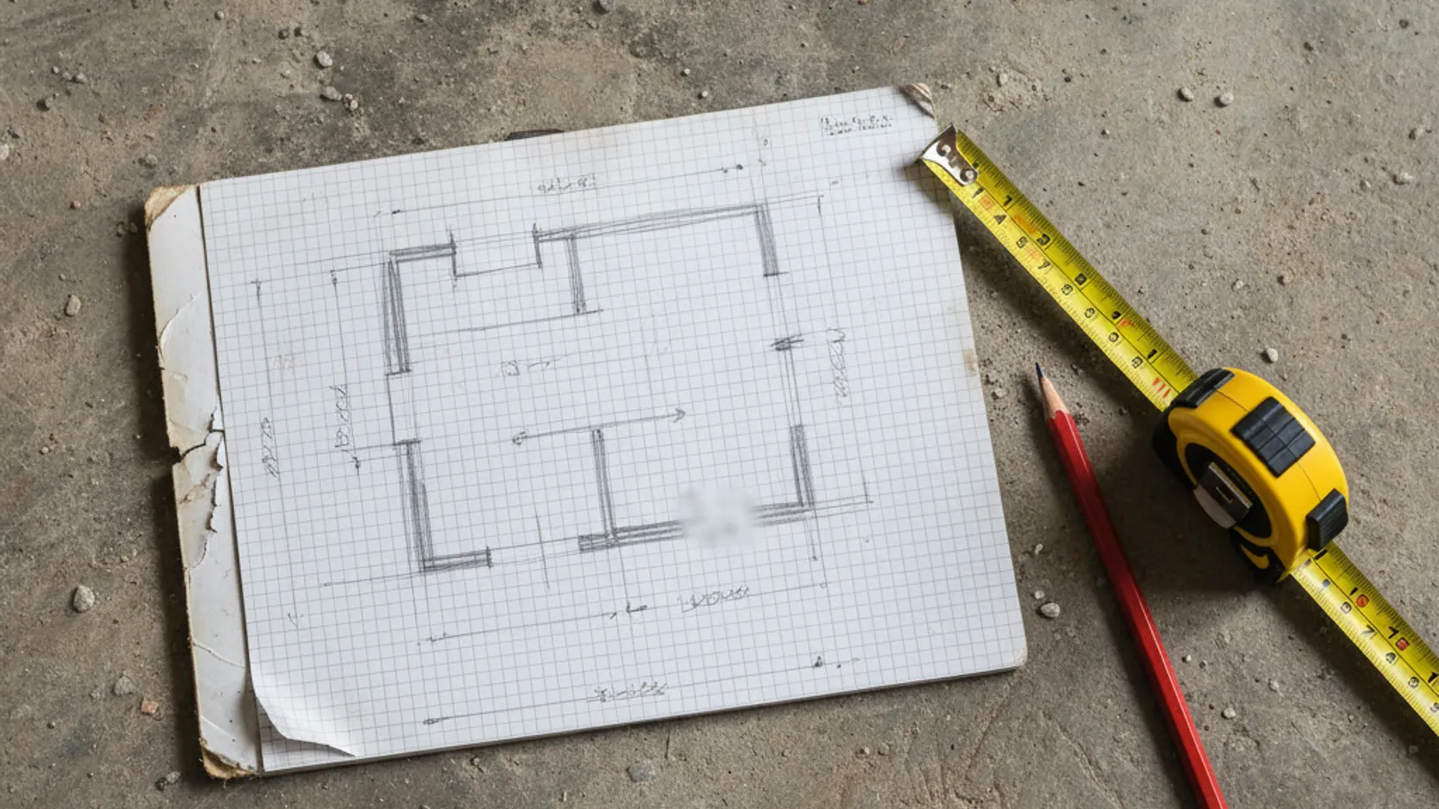Plan de masse et repérage des pièces annoté sur un carnet de chantier avec mètre ruban