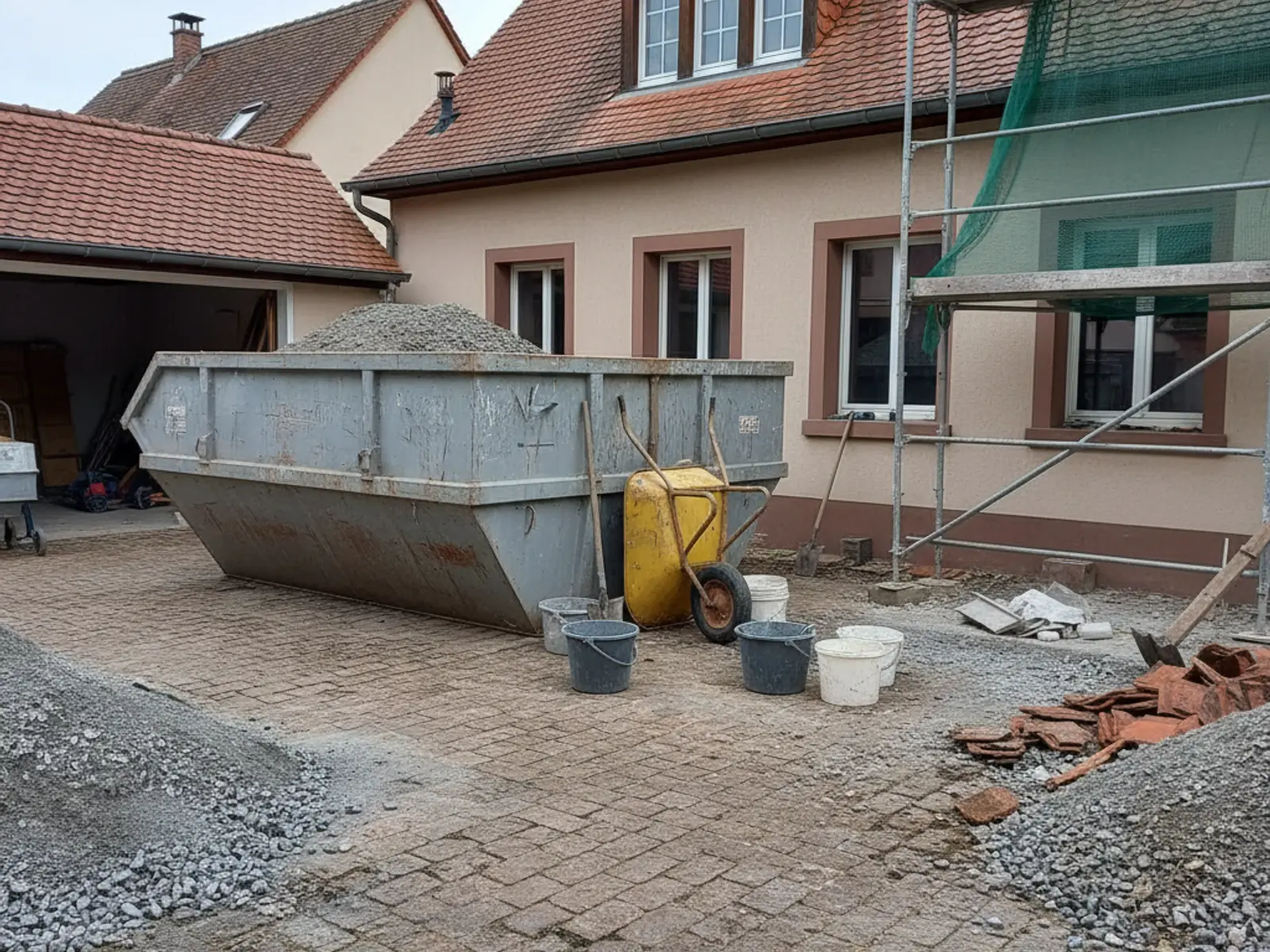 Benne de chantier dans la cour d’une maison de bourg, illustration pour un curage à Muttersholtz