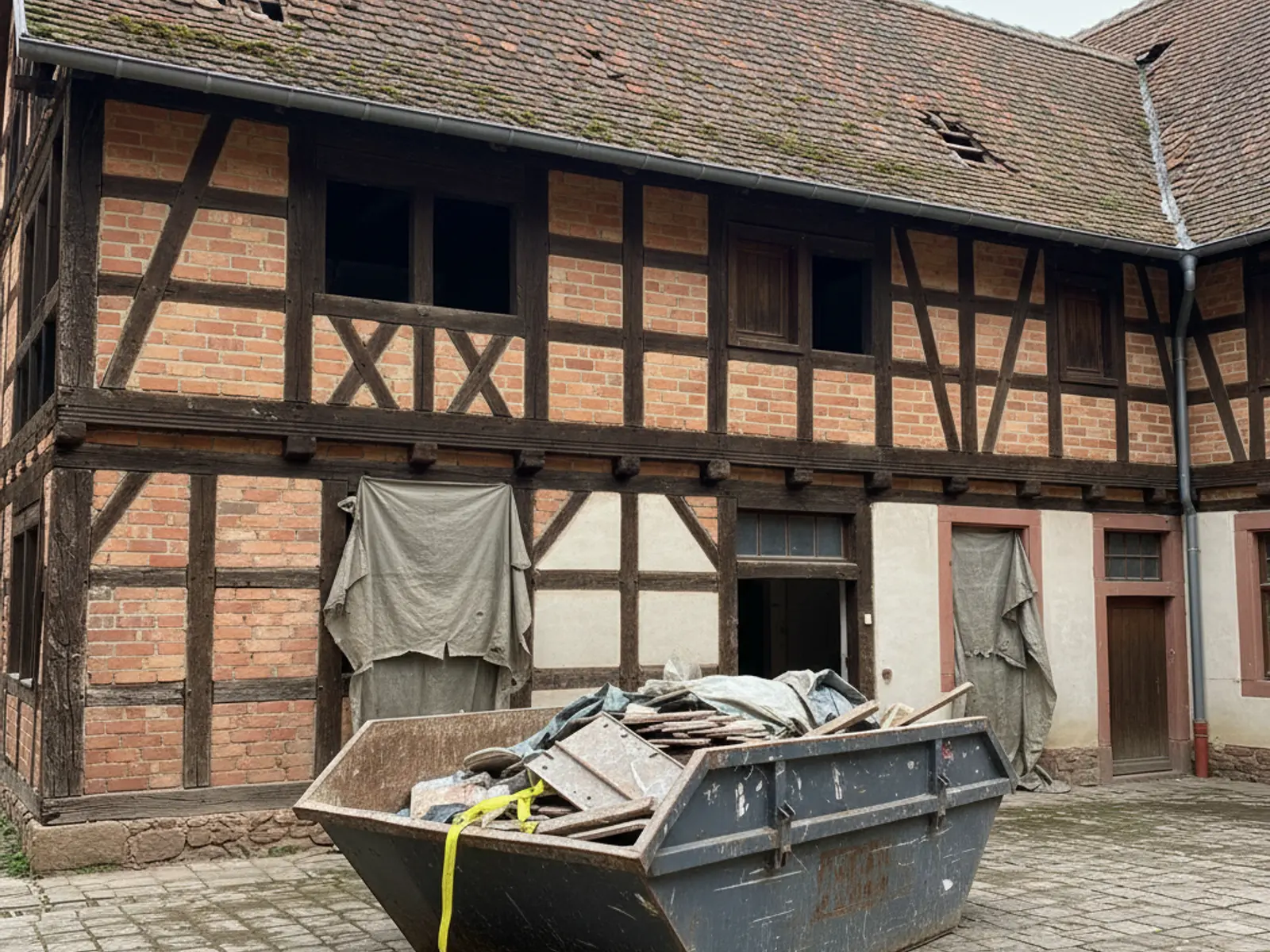 Benne de chantier dans la cour d’un corps de ferme, illustration pour un curage à Hoffen