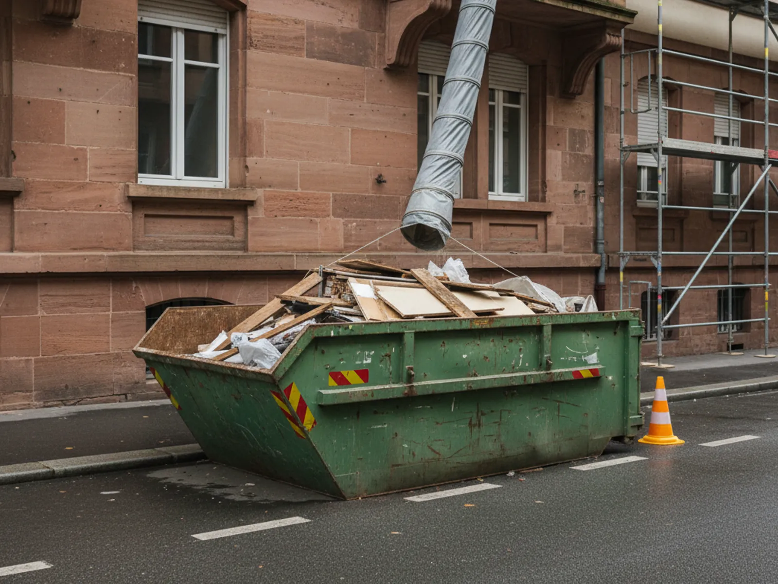 Benne de chantier devant un immeuble, illustration pour un curage à Hœnheim